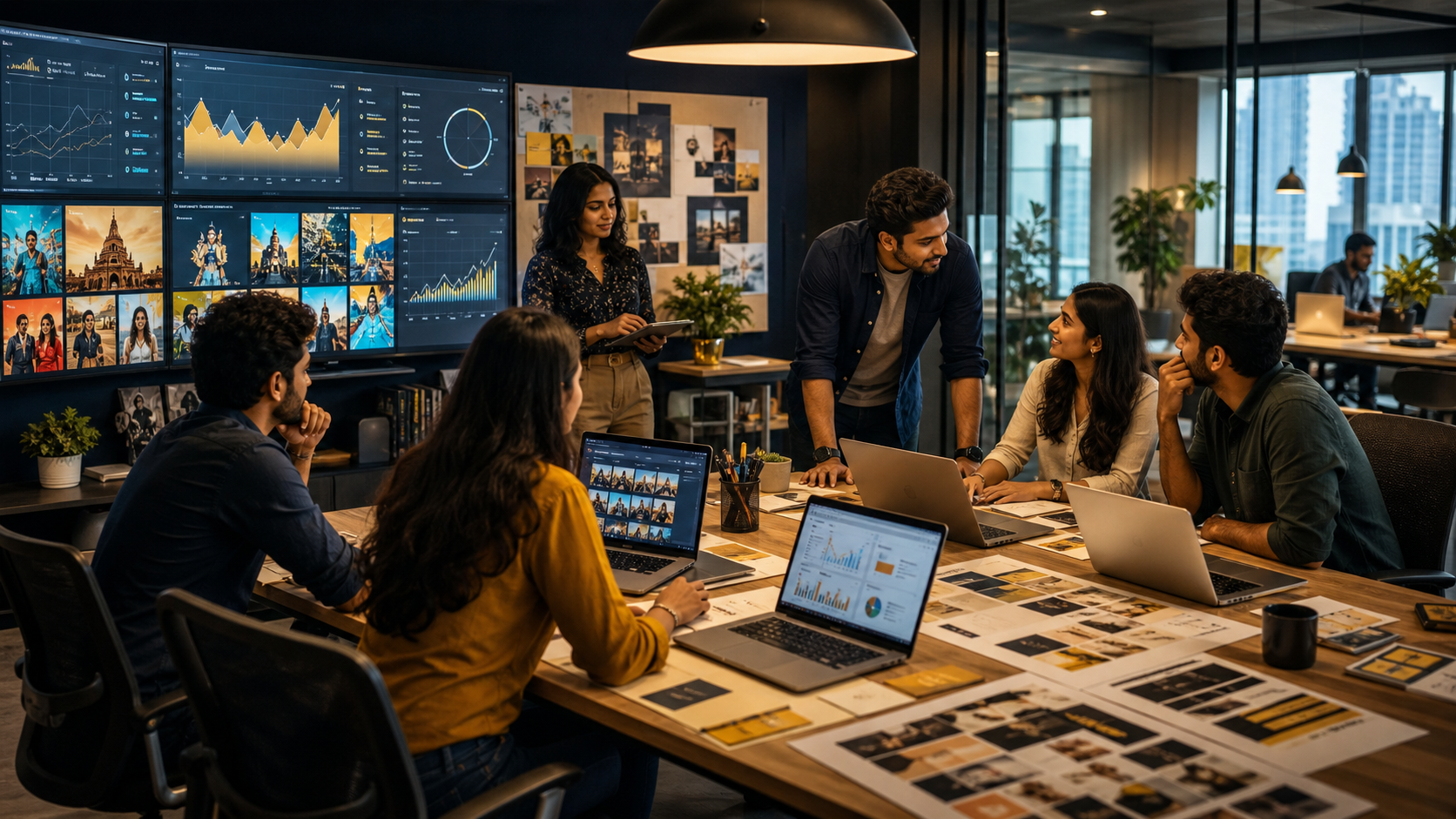 Indian digital marketing team reviewing ad campaign dashboards