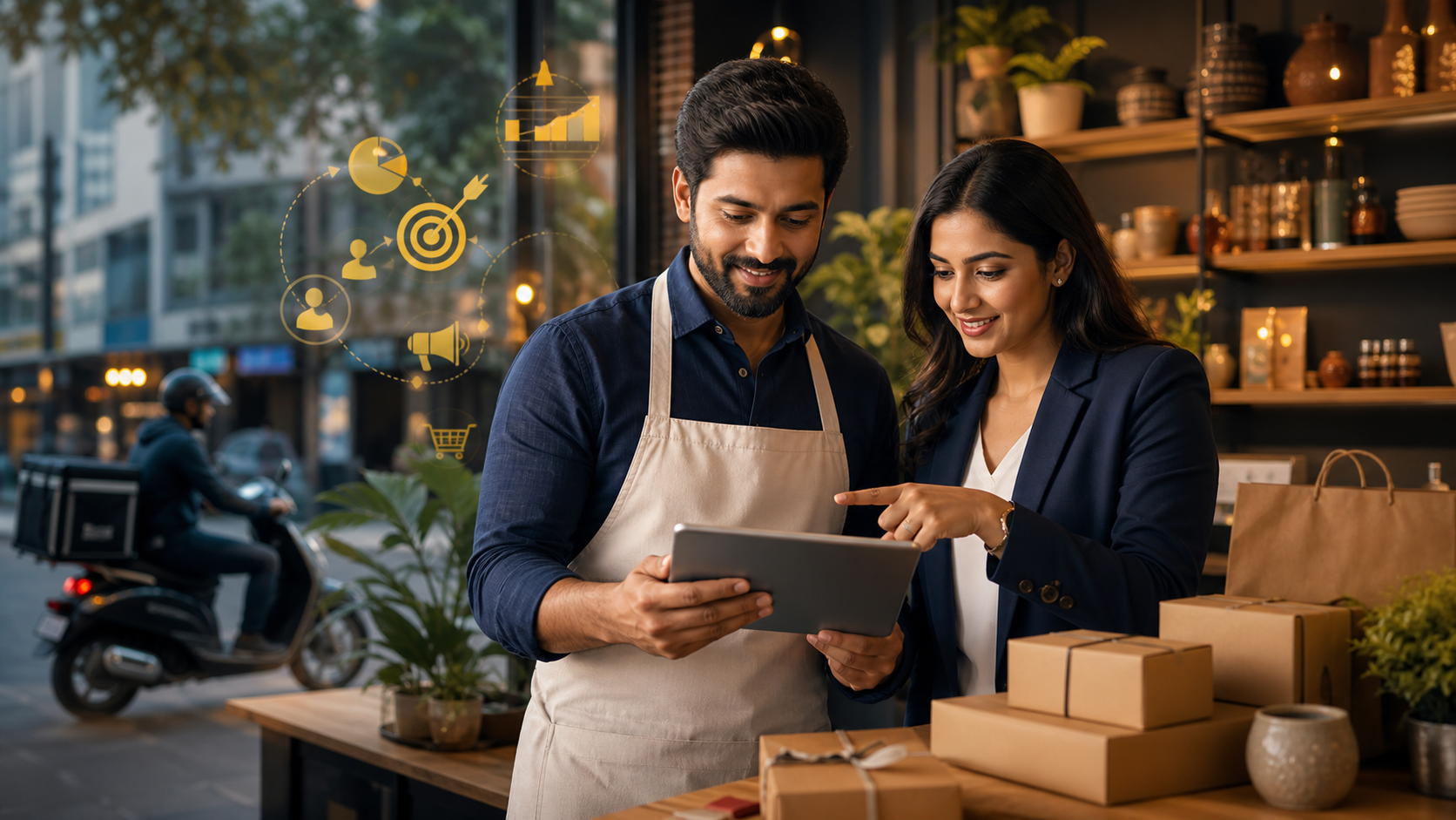 Indian business owner reviewing digital marketing growth on a tablet
